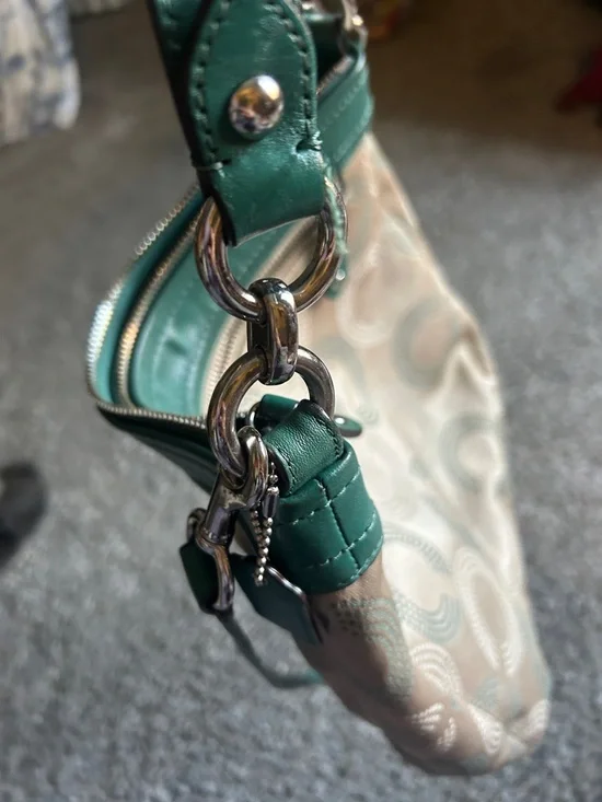 Coach Taupe Signature Crossbody with Green Leather Trim - Picture 11 of 12